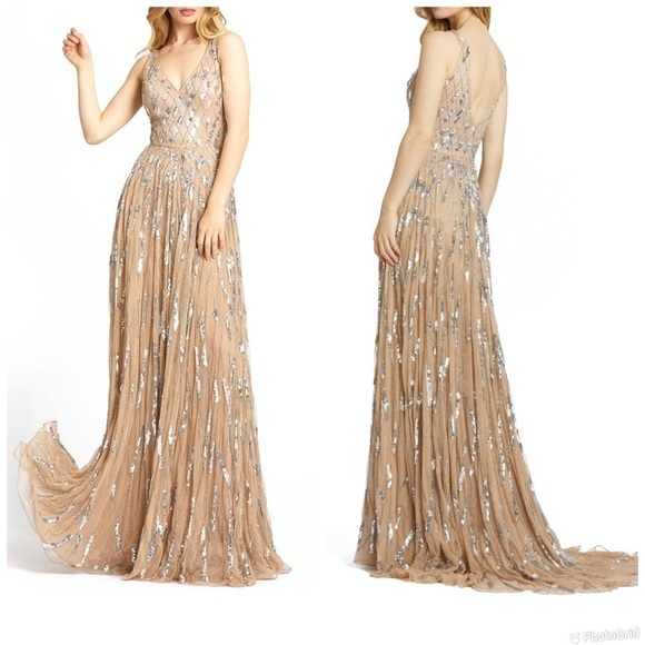 Max Duggal Embellished Sleeveless V Neck A Line Gown - Picture 1 of 10